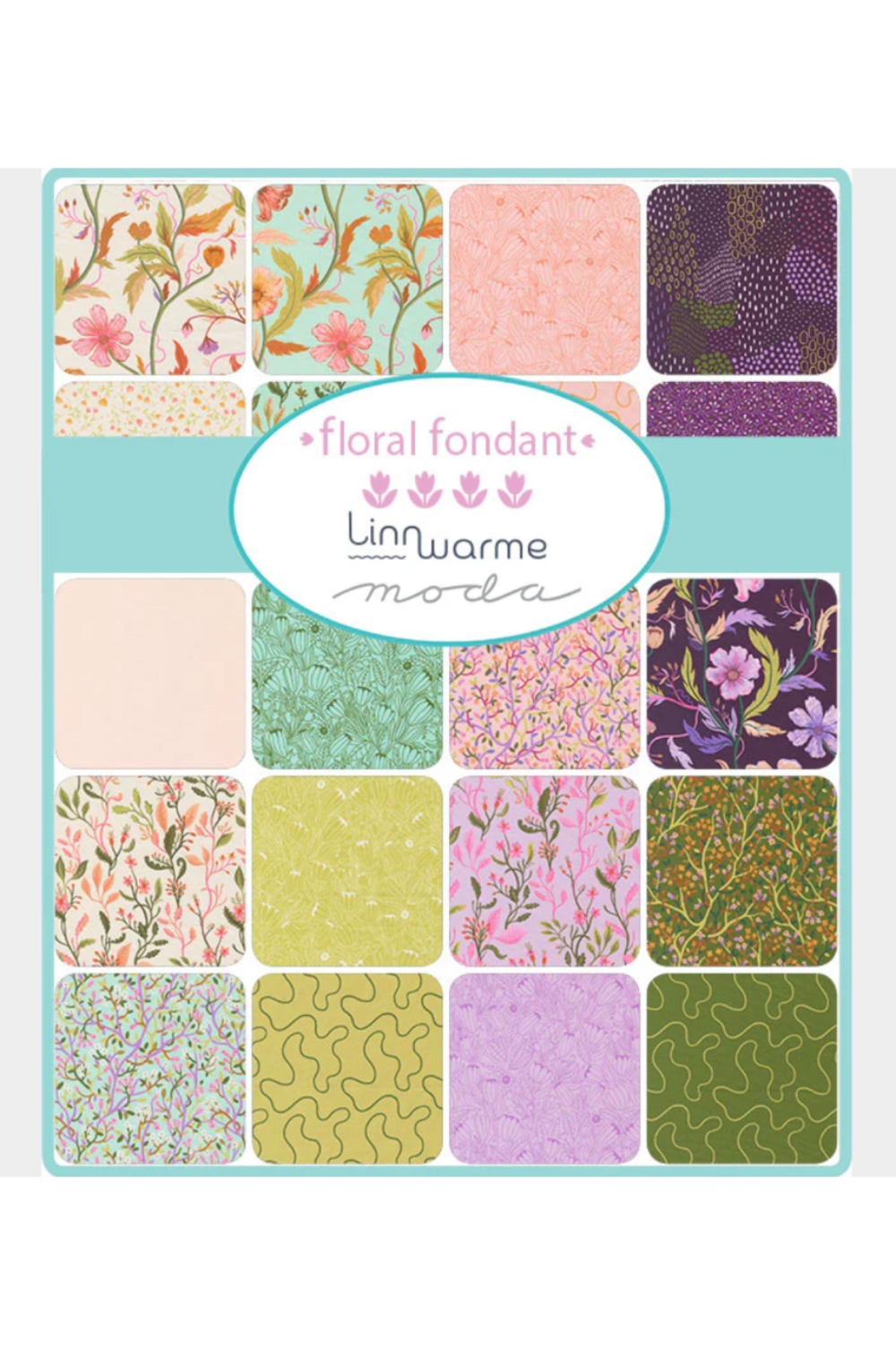 Floral Fondant by Linn Warme for Moda Fabrics – full collection swatch card showing 16 botanical prints in blush pink, mint green, lavender, sage, chartreuse and deep plum. Florals, blenders & coordinates for modern quilts & patchwork! #QuiltingFabric #ModaFabrics #FloralQuilts #CharmPack #CottonFabric #LinnWarme