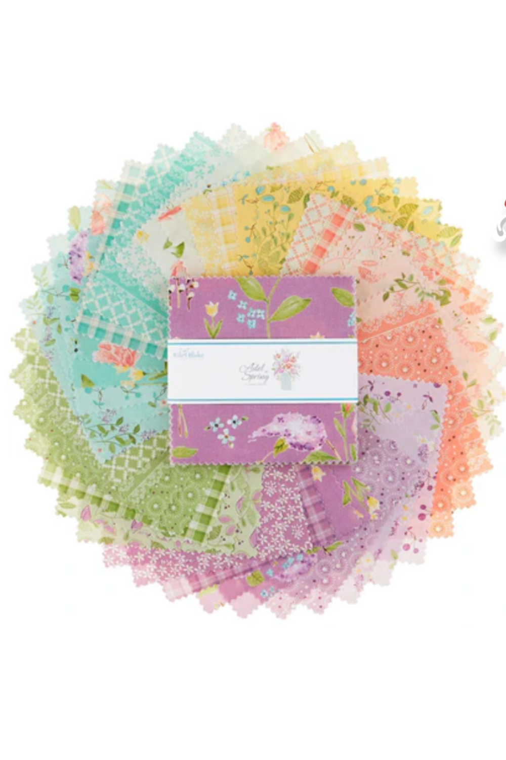 Adel in Spring Charm Pack by Sandy Gervais for Riley Blake Designs – 42 pre-cut 5" x 5" cotton squares in soft pastels, florals, checks & garden prints. Perfect for charm quilts, patchwork & table runners! #QuiltingFabric #CharmPack #RileyBlake #SpringQuilts #CottonFabric #PastelQuilts