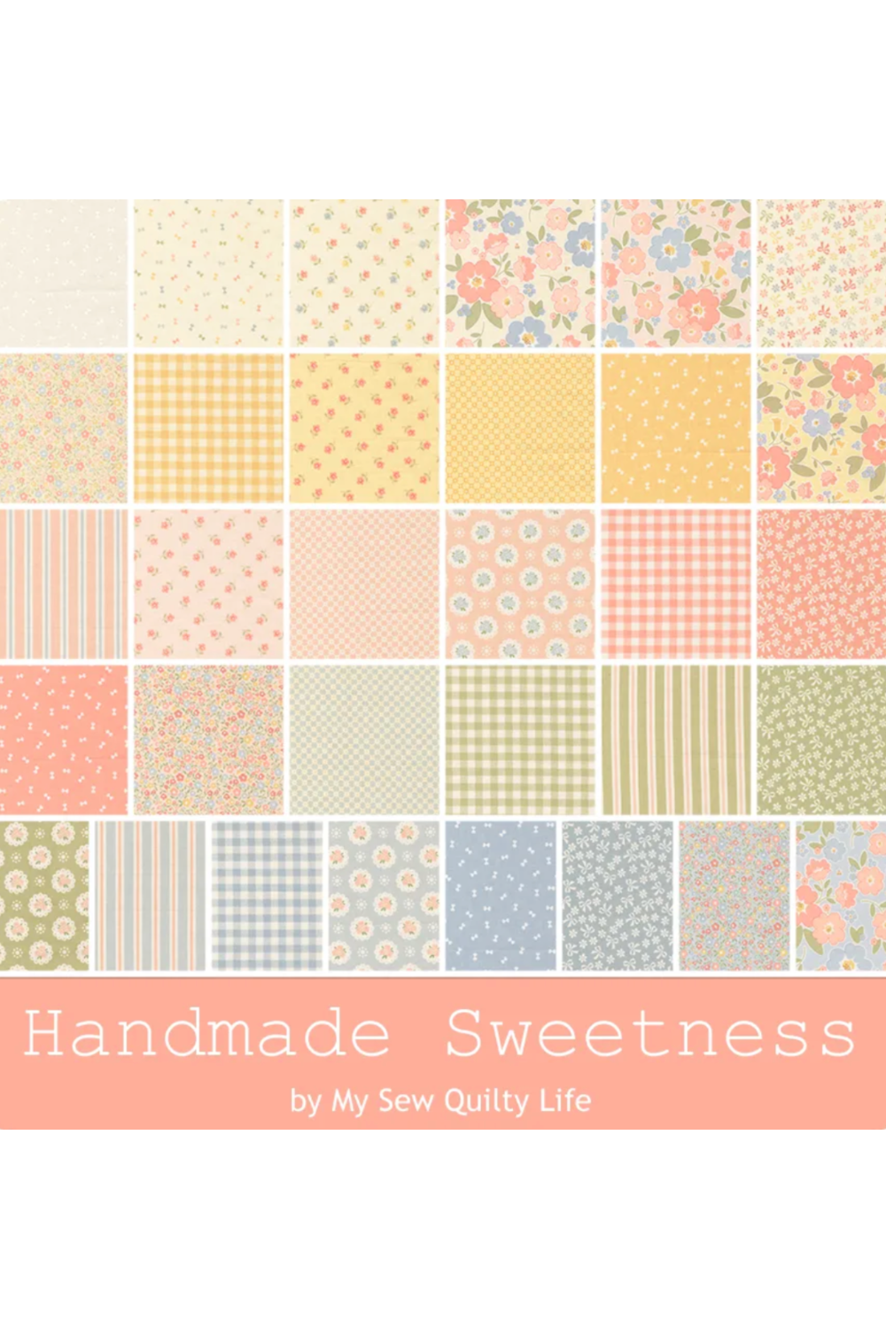 Handmade Sweetness by Heather Briggs for Moda Fabrics – full fabric collection in blush pink, butter yellow, sage green & powder blue. Florals, gingham, stripes & blenders for sweet quilts & patchwork! #QuiltingFabric #ModaFabrics #FabricCollection #HandmadeSweetness #PastelQuilts