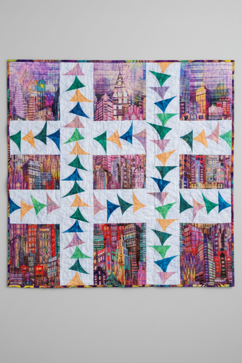Flying Through the City Modern Quilt – 42" x 42" Handmade Art Quilt
