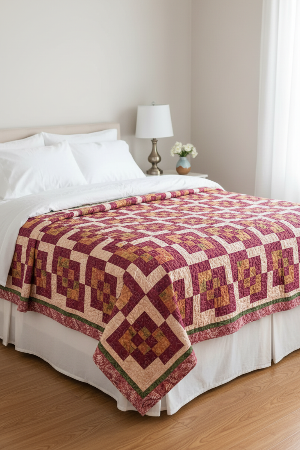 Bed with a red and beige quilt in a bedroom setting