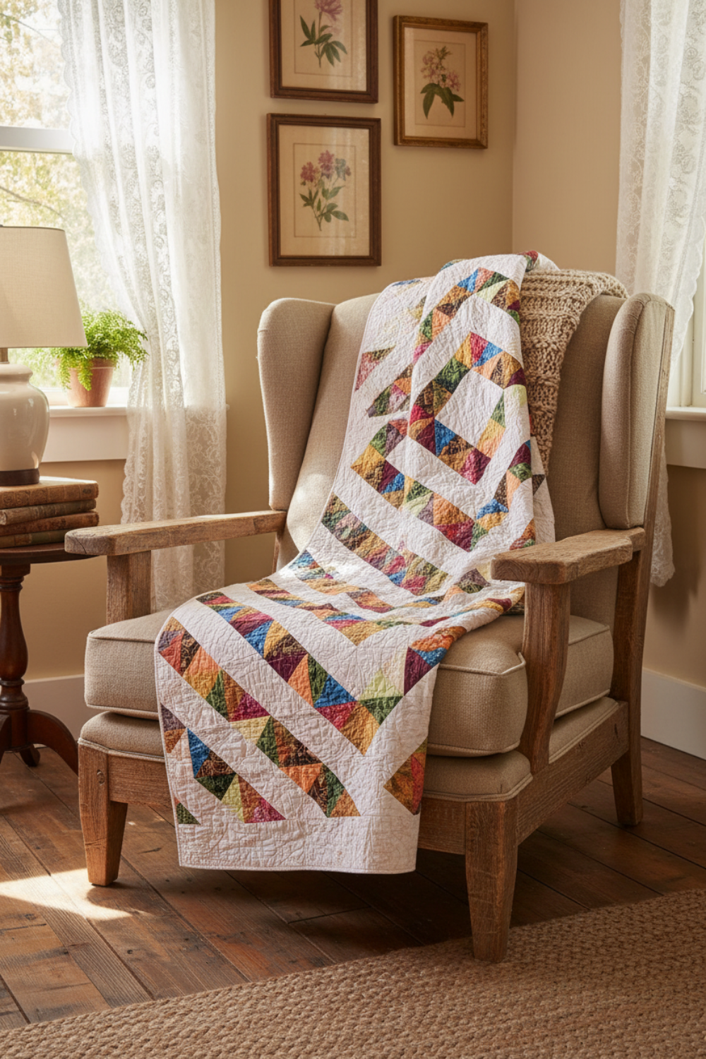 4‑Patch Charm quilt draped on a wooden bench indoors, displaying colorful patchwork fabric, quilting texture, and cozy scale.