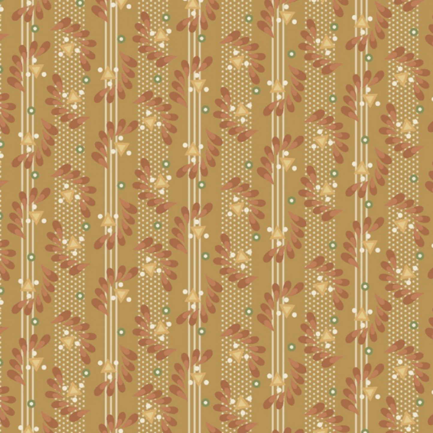 Front Porch by Dolores Smith, Railings Gold quilting cotton for Marcus Fabrics — flat lay showing warm olive-gold ground with vertical columns of burgundy leaf garland twists, cream pin stripes, and tiny sage dot clusters, 100% cotton 43–44" wide"