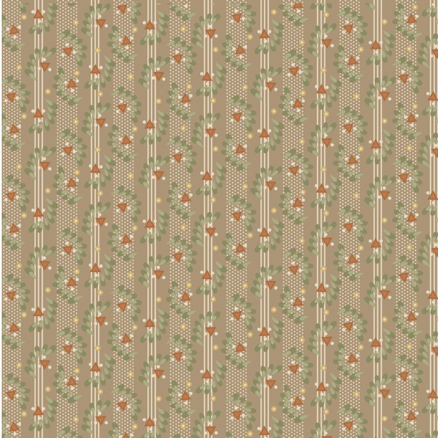 Front Porch by Dolores Smith, Railings Taupe quilting cotton for Marcus Fabrics — flat lay showing warm taupe-brown ground with vertical columns of sage green leaf garland twists, rust tulip motifs, and cream pin stripes, 100% cotton 43–44" wide