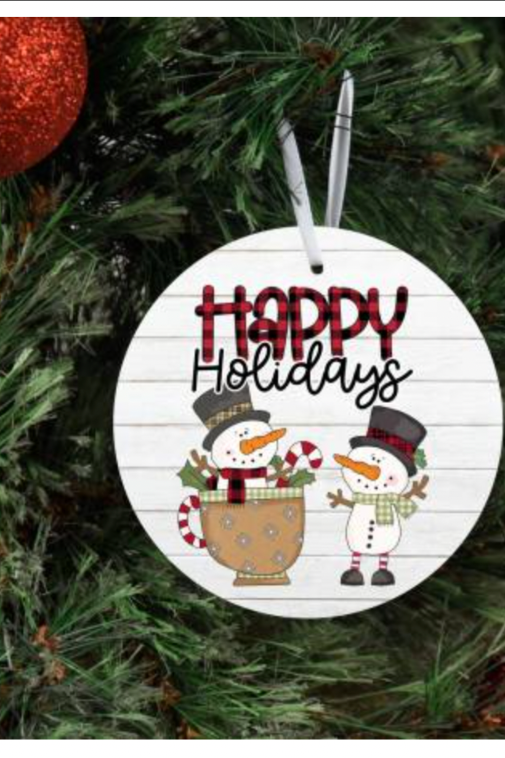 Happy Holidays Snowmen Metal Ornament – home decor – colorful textile design