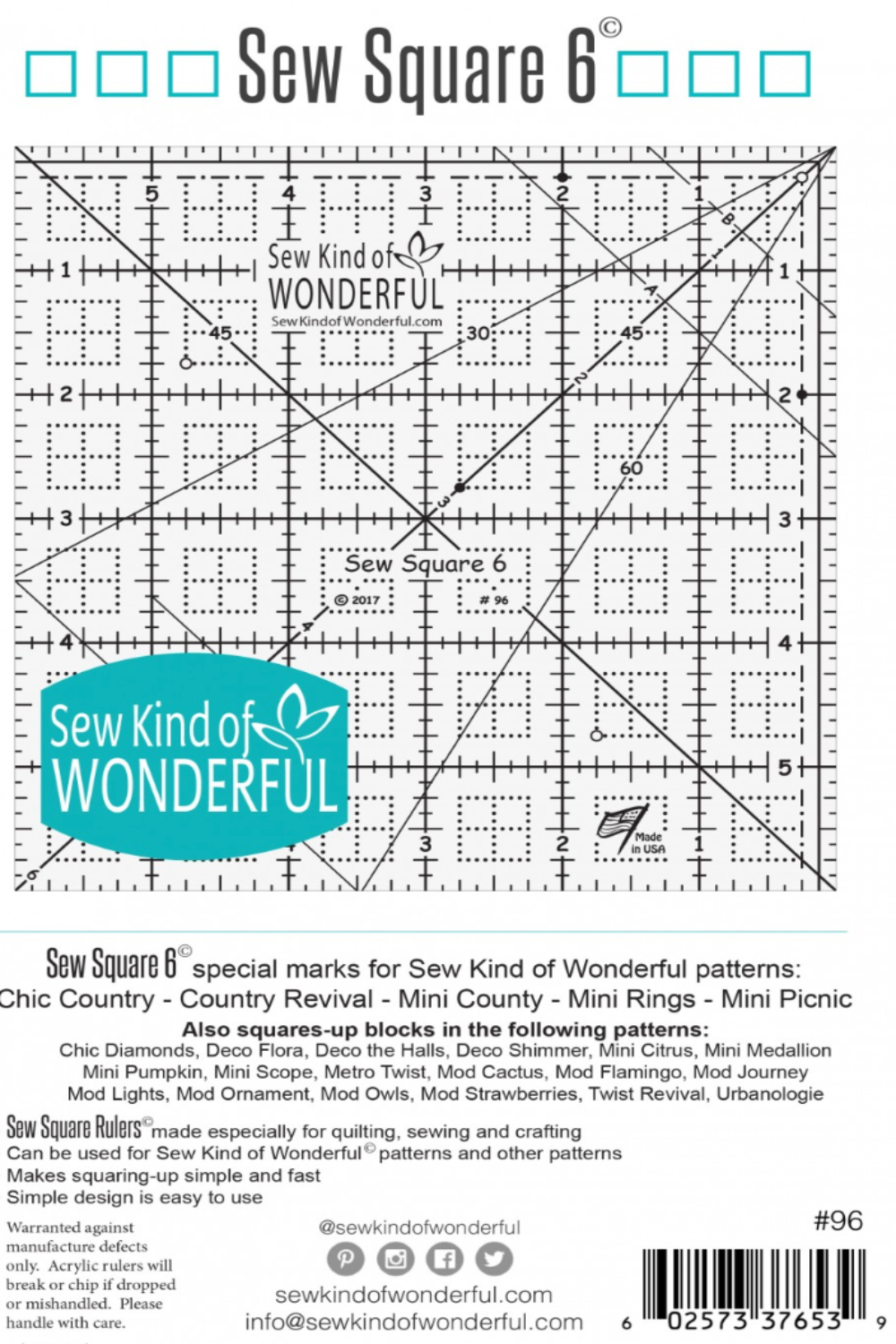 Sew Square 6 ruler packaging showing quilting patterns and square up uses