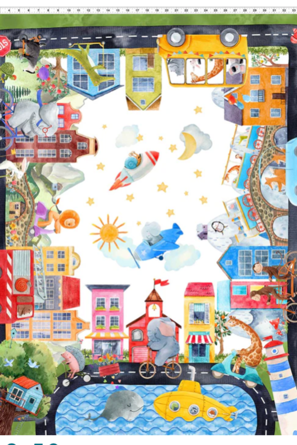 Children's play mat with colorful illustrations of buildings, animals, and vehicles.