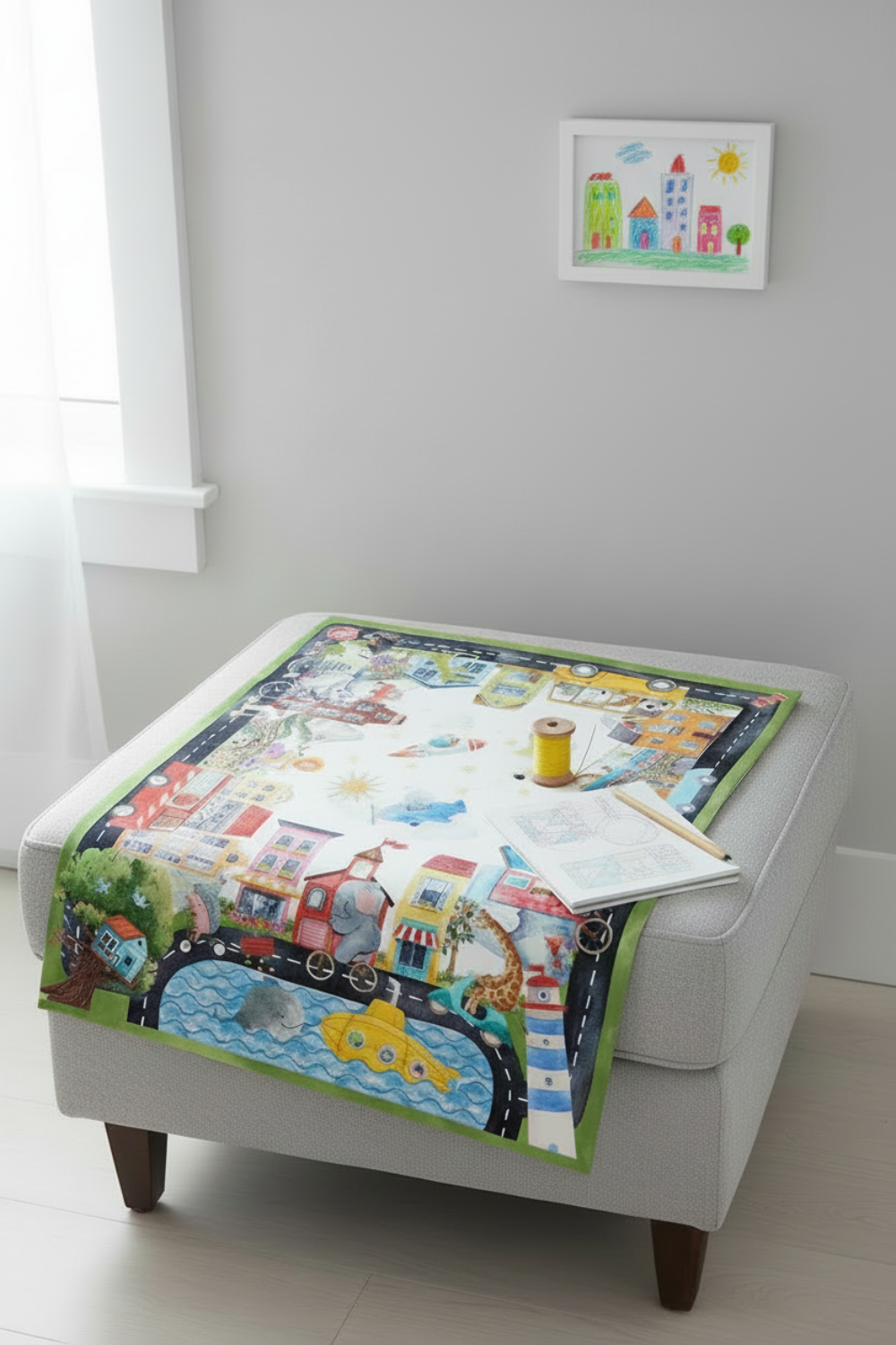 On the Go Multi Quilt Panel 36" styled on ottoman with matching thread – quilting project inspiration