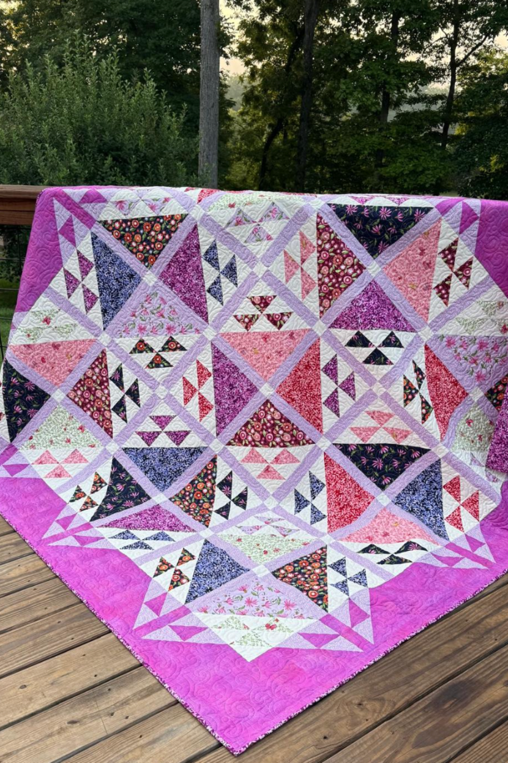 Handmade Emilia quilt in floral and geometric design, large size 76 by 76 inches.