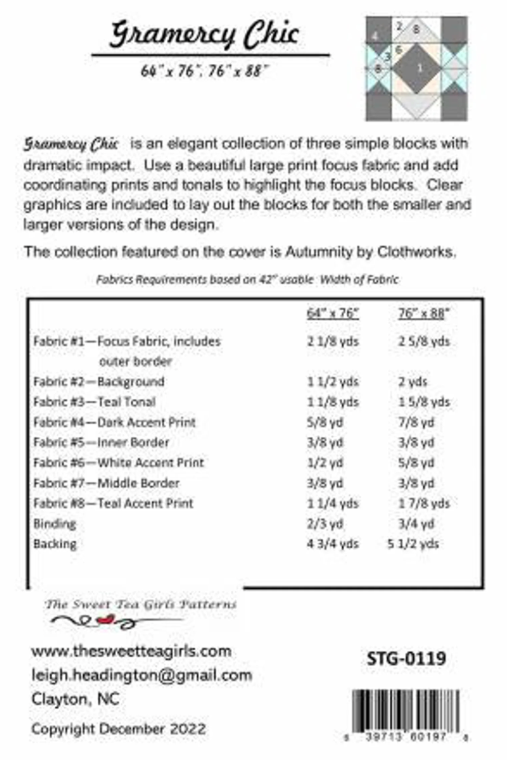 Pattern sheet for Gramercy Chic quilt with fabric requirements and design details.