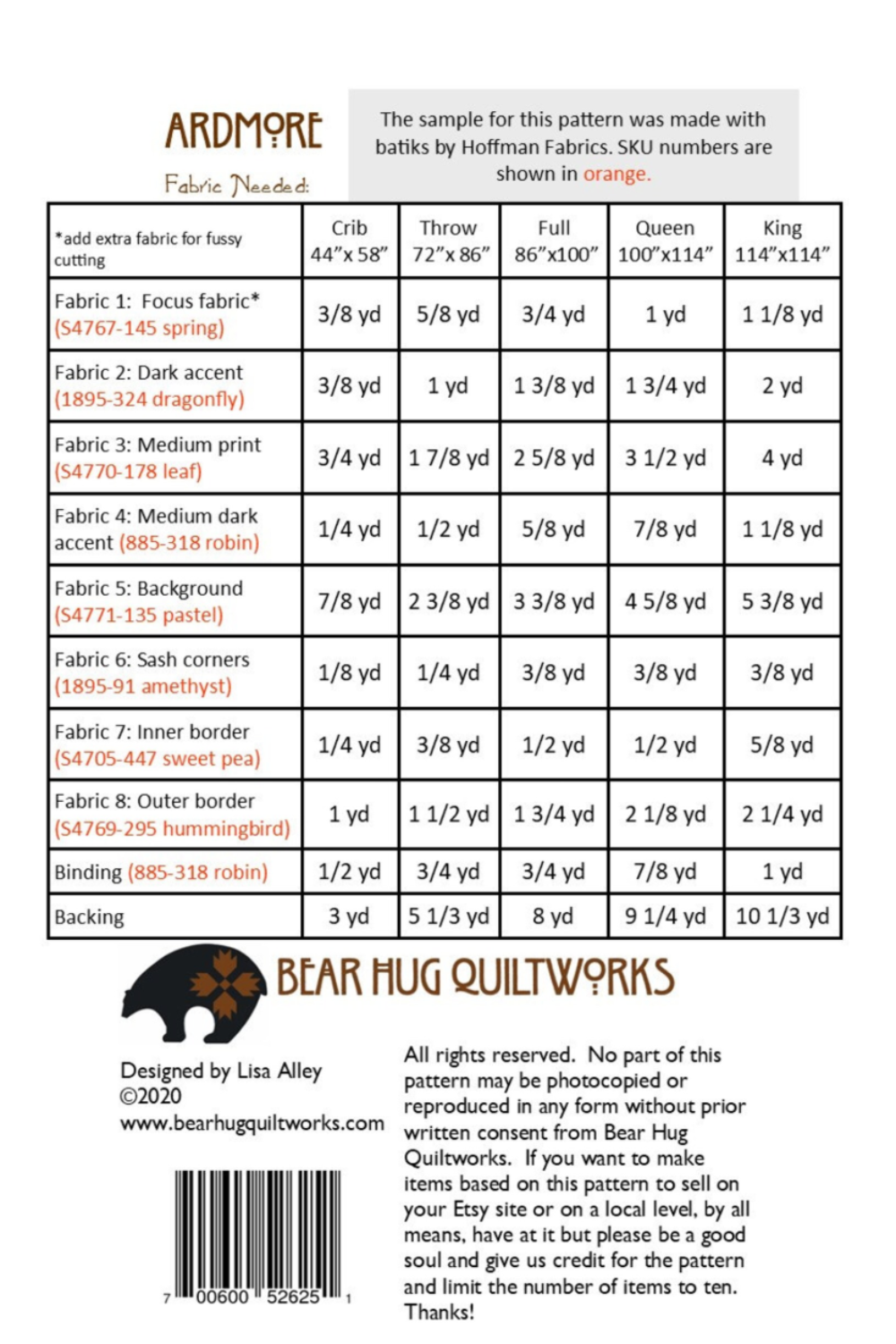 Ardmore Quilt Pattern - Five Size