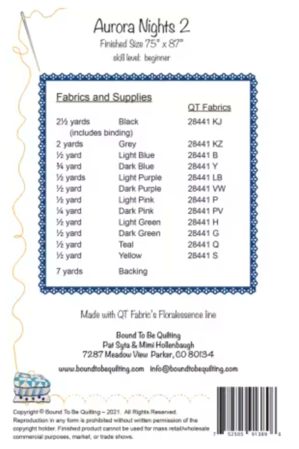 Fabric requirements label for a quilting project titled 'Aurora Nights 2' with fabric colors and yardages.