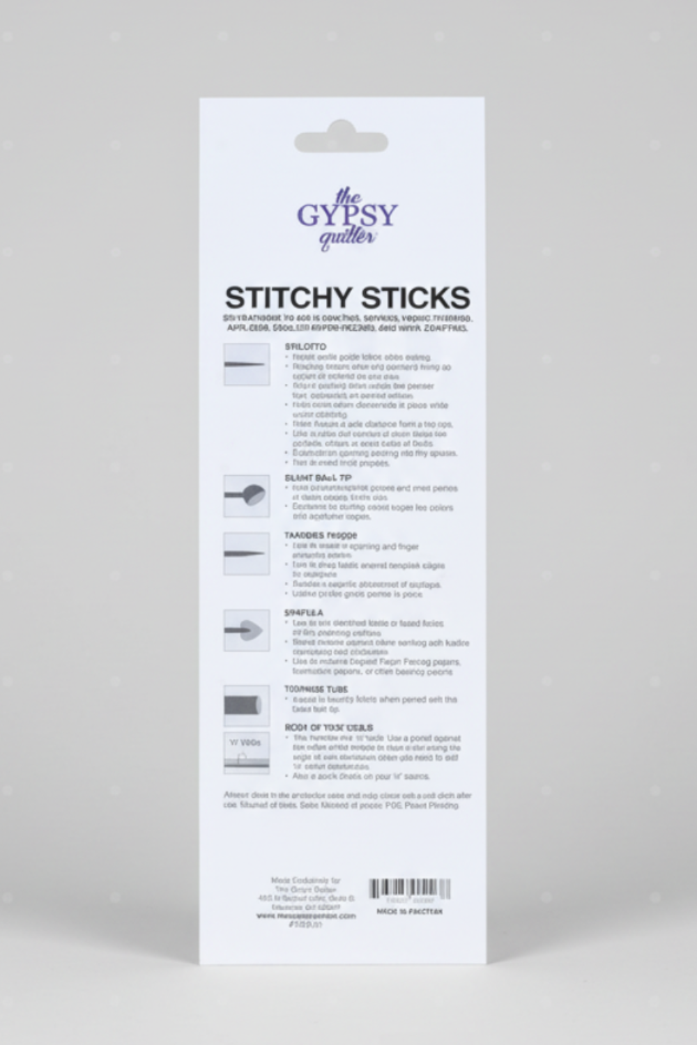 Back of Stitchy Sticks packaging showing tool descriptions and usage instructions.