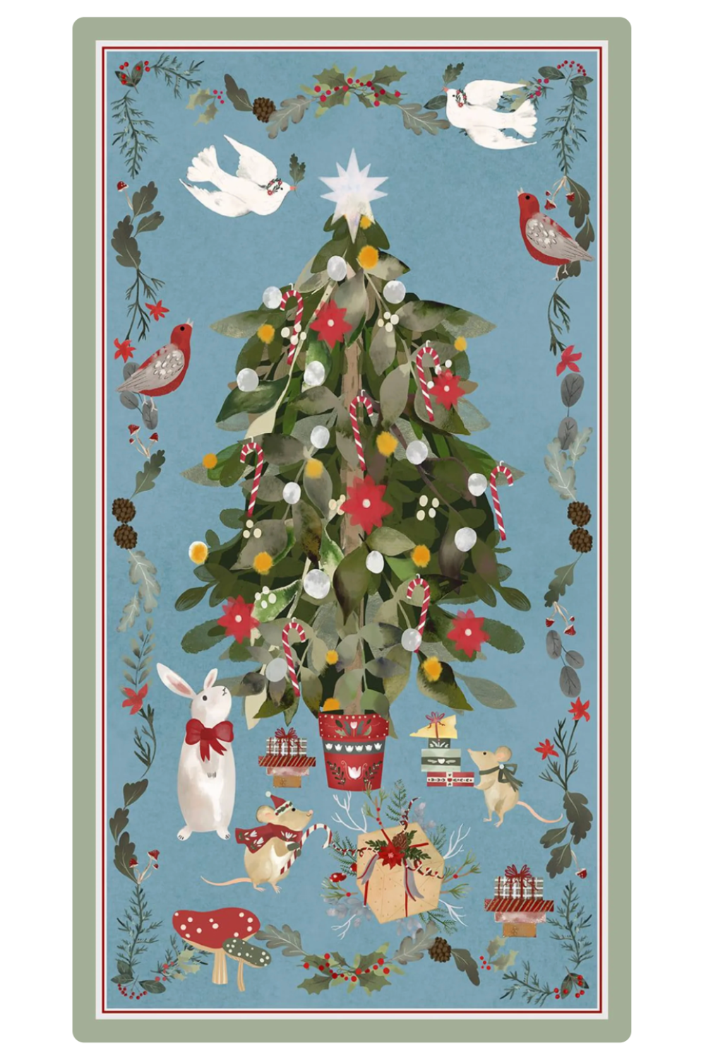 Decorative rug with Christmas tree, birds, and animals on a blue background
