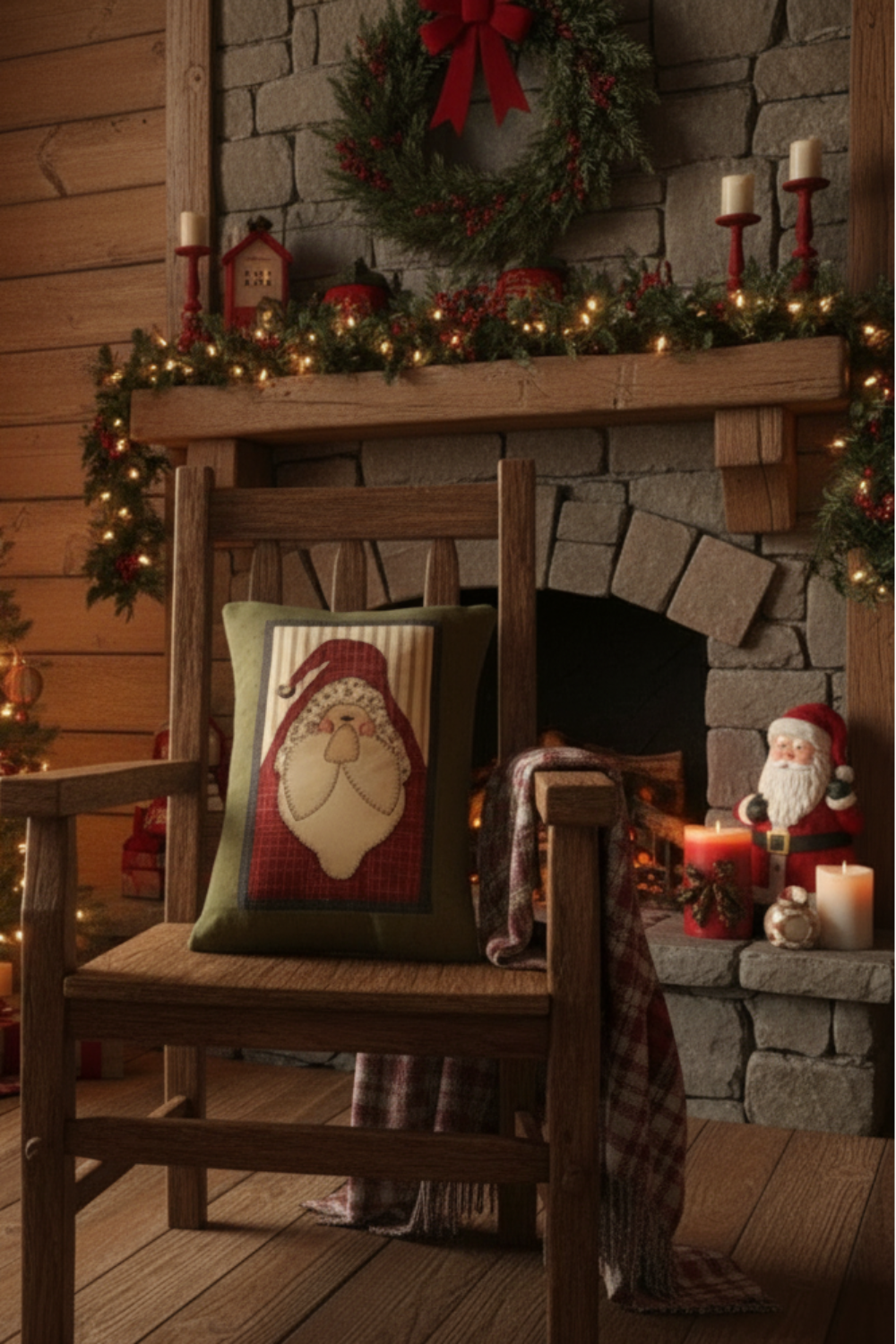 Cozy Christmas living room with decorated tree, fireplace, and festive decor.