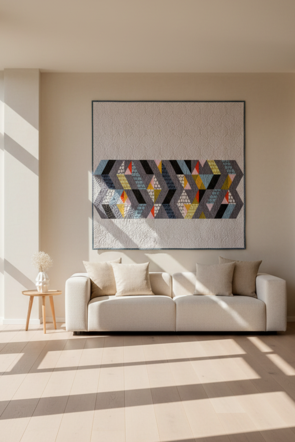 Living room with a blue sofa and abstract wall art, featuring 'Zen Chic' brand.