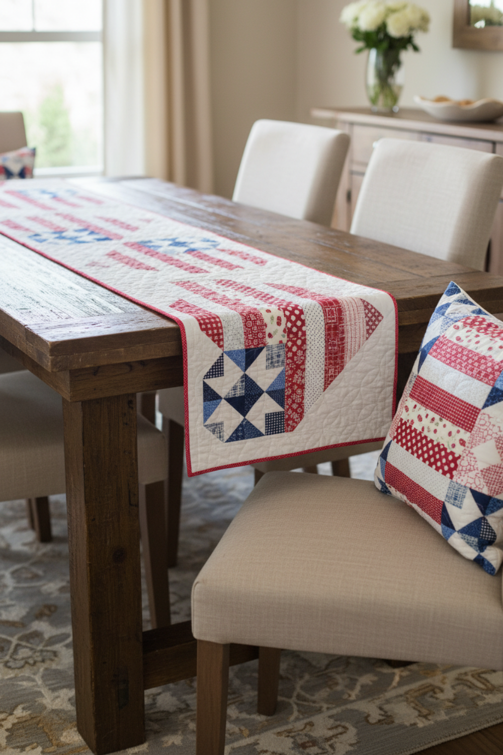 Star Spangled Table Runner pattern packaging with quilt design on grass background