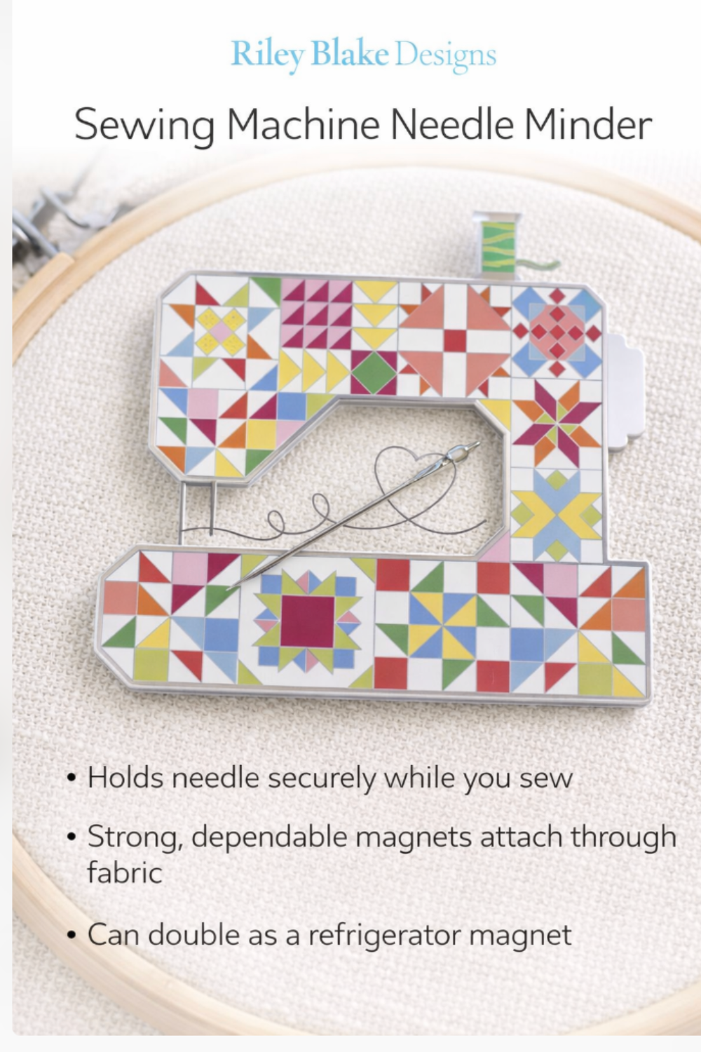 Magnetic sewing machine needle minder perfect for hand sewing and embroidery projects