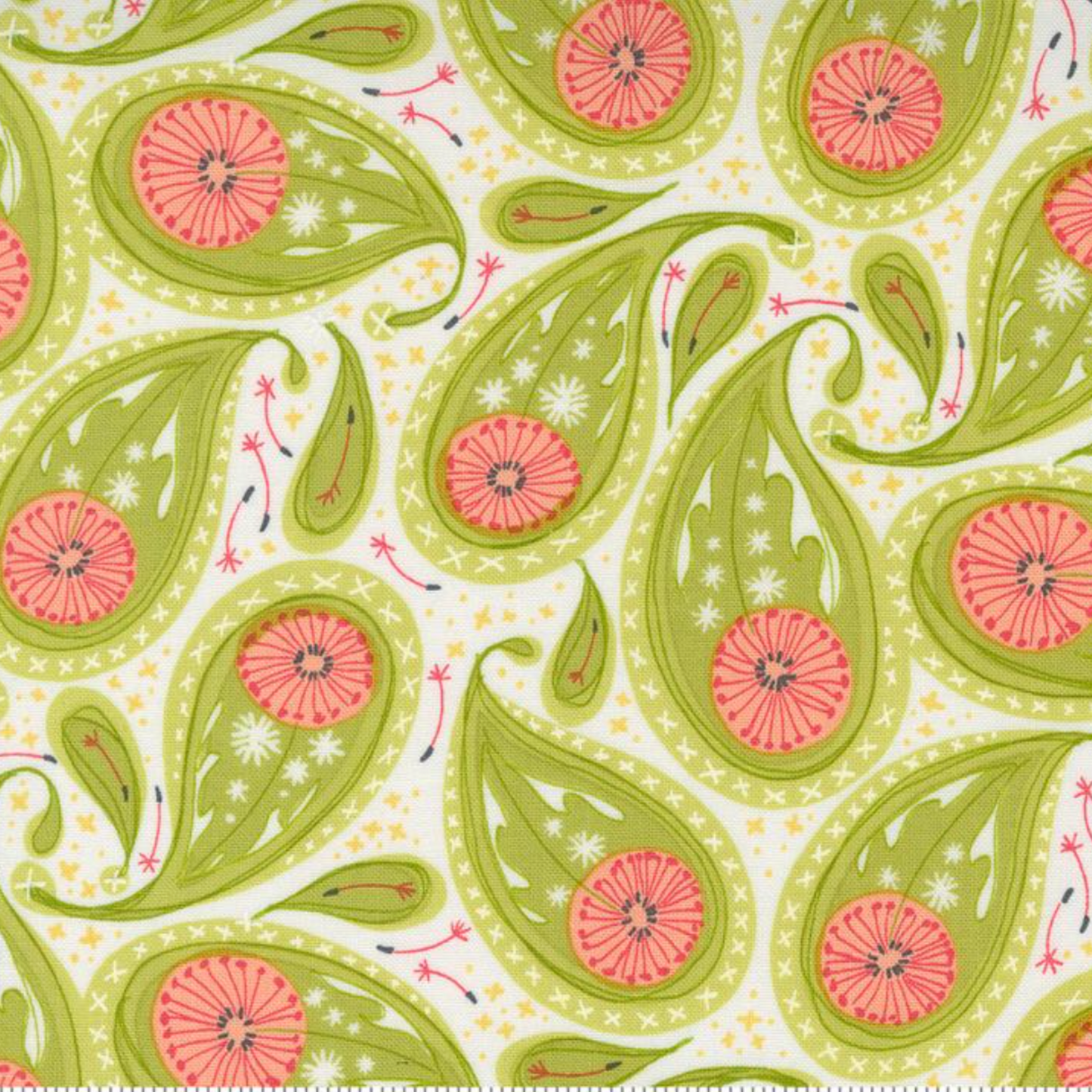 Floral paisley fabric with green leaves and pink flowers on a white background