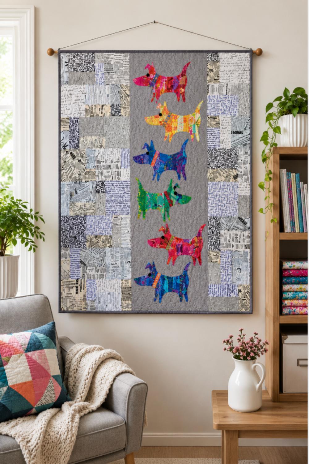 Modern ModDog quilt wall hanging displayed in cozy sewing room with colorful applique dog design and quilting décor