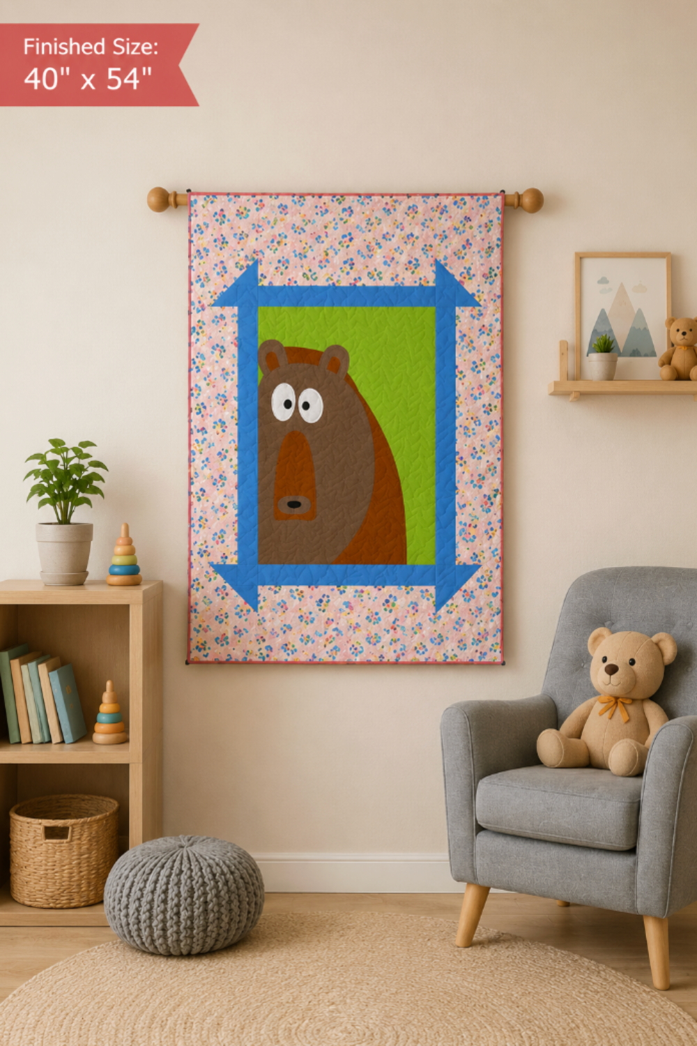 Bear-themed Zoey’s Zoo quilt wall hanging displayed in a cozy kids room with neutral nursery decor and teddy bear chair