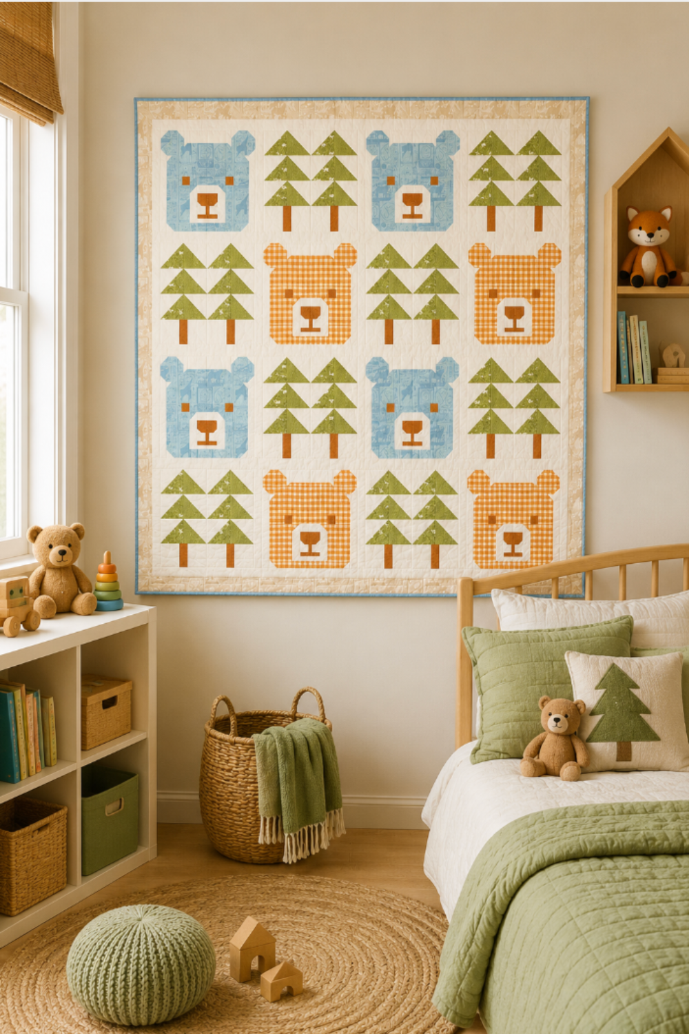 Baby Bear quilt wall hanging in a neutral kids bedroom with teddy bears, green bedding, and woodland décor