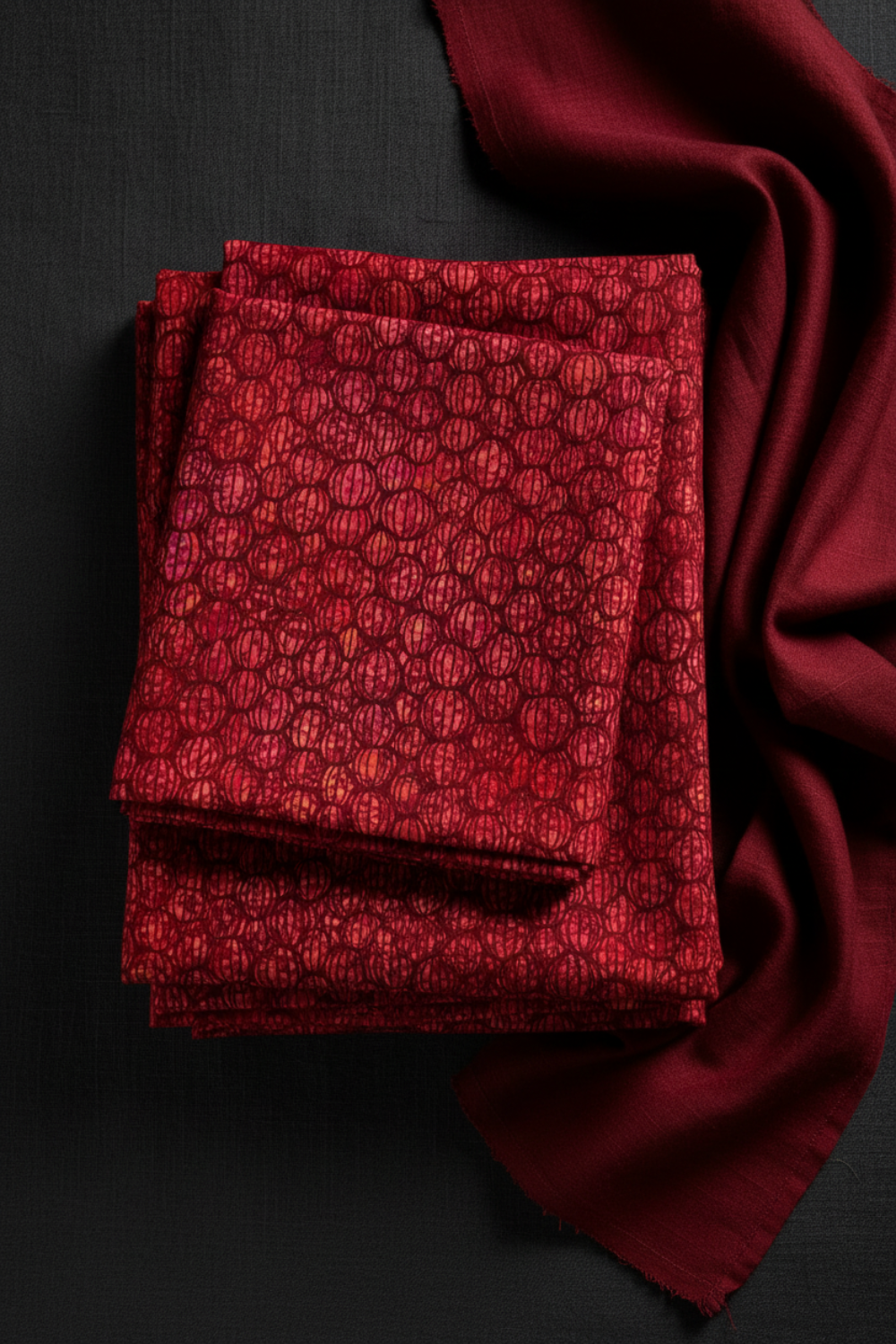 Allure Red Lanterns fabric by Jason Yenter for In The Beginning Fabrics folded on a dark surface with coordinating burgundy fabric – allover striped oval lantern pattern in rich crimson, ruby, and magenta, perfect for bold warm-toned quilt projects, 100% cotton, 3 yard cut