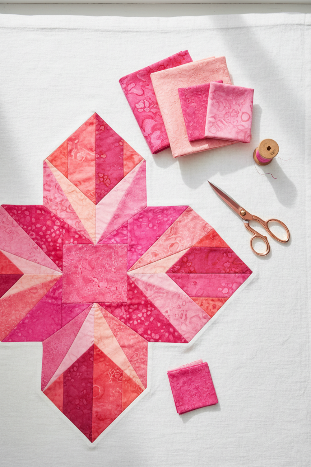 Modern quilt flat lay featuring Expressions Batiks Hand-Dyes Begonia by Riley Blake Designs as the focal fabric – pure saturated hot pink hand-dyed batik with organic painterly texture in pieced blocks with coordinating coral, magenta, and soft blush tonal batiks, with folded fabric swatches on a white linen surface