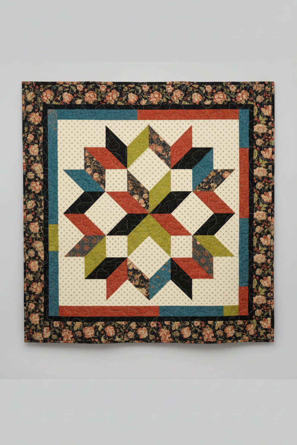 Scraps of Kindness Cream Nine Patch Boxes Fabric by Kim Diehl for Henry Glass — vertical view of the Carpenter's Star Bali Sky Revised Quilt Pattern, large central star in jewel-tone teal, olive, rust, and black on cream background with dark floral border. Quilts shown for inspiration feature the Carpenter's Star Bali Sky Revised Quilt Pattern — available at IraRobi Quilts.