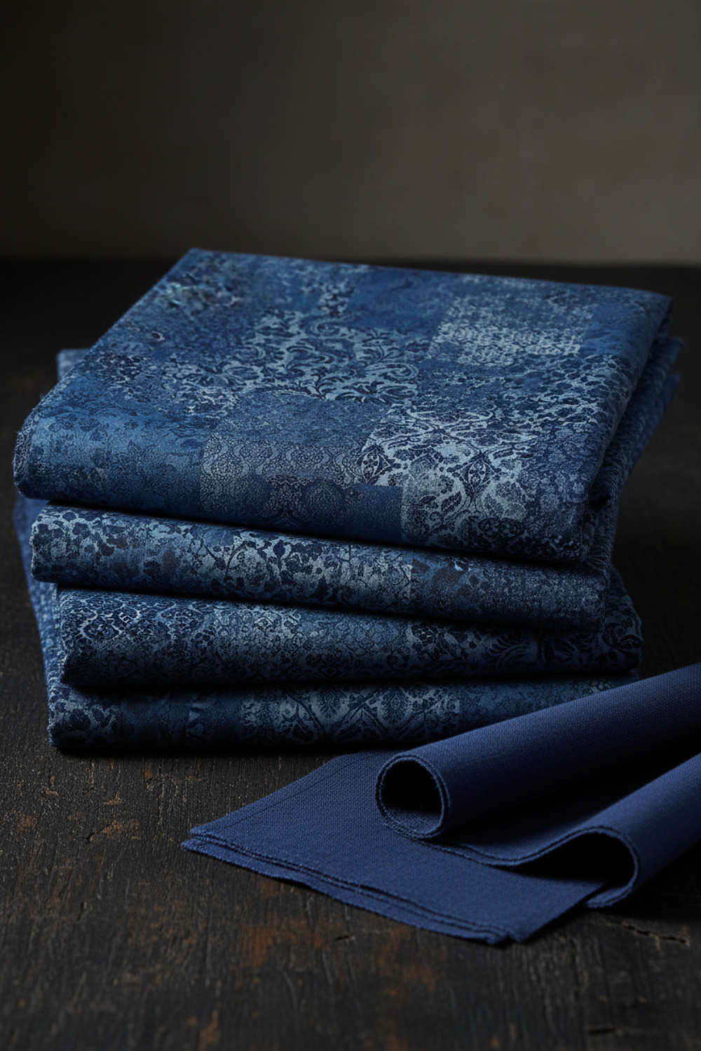 Carpet Bag Romance Blue Brocade fabric by Jason Yenter for In The Beginning Fabrics folded on a dark linen surface – rich tonal patchwork of damask, brocade, scrollwork, and medallion motifs in deep navy and steel blue, perfect for vintage and antique-inspired quilt projects, 100% cotton, 3 yard cut