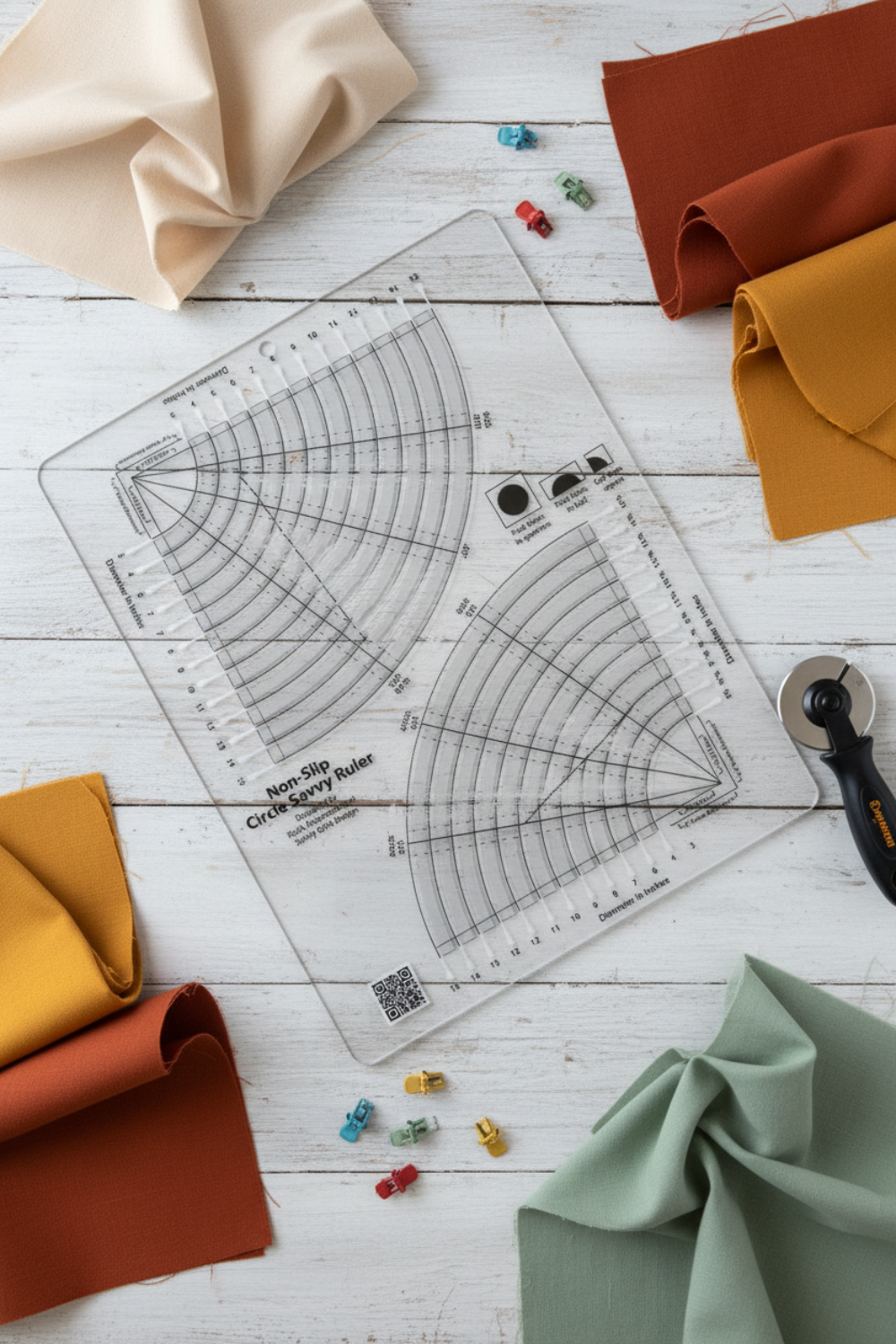 Creative Grids Non-Slip Circle Savvy Ruler on a white wood surface surrounded by folded quilting fabrics in cream, rust, mustard, and sage, with colorful wonder clips and a rotary cutter