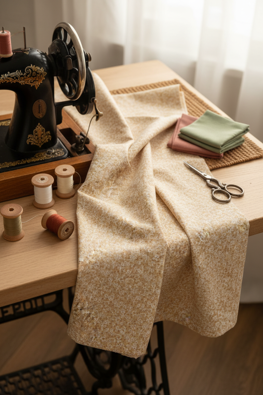 The Fox Homestead Cream Swirl Floral Texture quilting cotton by Stacy West for Henry Glass — styled sewing room flat lay with fabric alongside vintage sewing machine, cream and rust thread spools, scissors, and dusty rose and sage fabric swatches