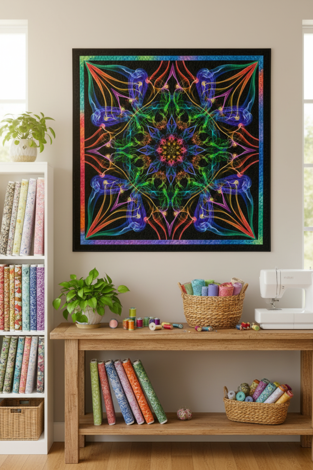 Dream Big Ethereality Paradise Quilt Panel by Jeanie Sumrall-Ajero for Hoffman Fabrics — hung as a wall quilt in a cozy quilting studio — vibrant kaleidoscope mandala in blue, green, pink, orange, and purple on black — colorful fabric rolls, thread spools, and greenery displayed below — available at IraRobi Quilts