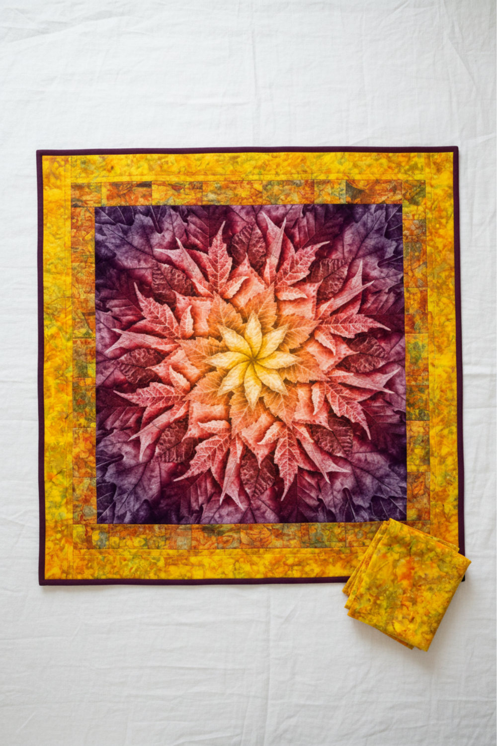Medallion quilt featuring the Dream Big Leaf Mulberry panel by Jeanie Sumrall-Ajero for Hoffman Fabrics as the center – leaf mandala radiating from a glowing golden yellow center through warm peach-orange to rich pink and deep purple-plum outer leaves, surrounded by a scrappy pieced border of Expressions Batiks Hand-Dyes Yellow Orange Multi III by Riley Blake Designs in golden yellow, warm orange, chartreuse green, olive, and amber, finished with a deep plum binding, with folded Yellow Orange Multi III bati