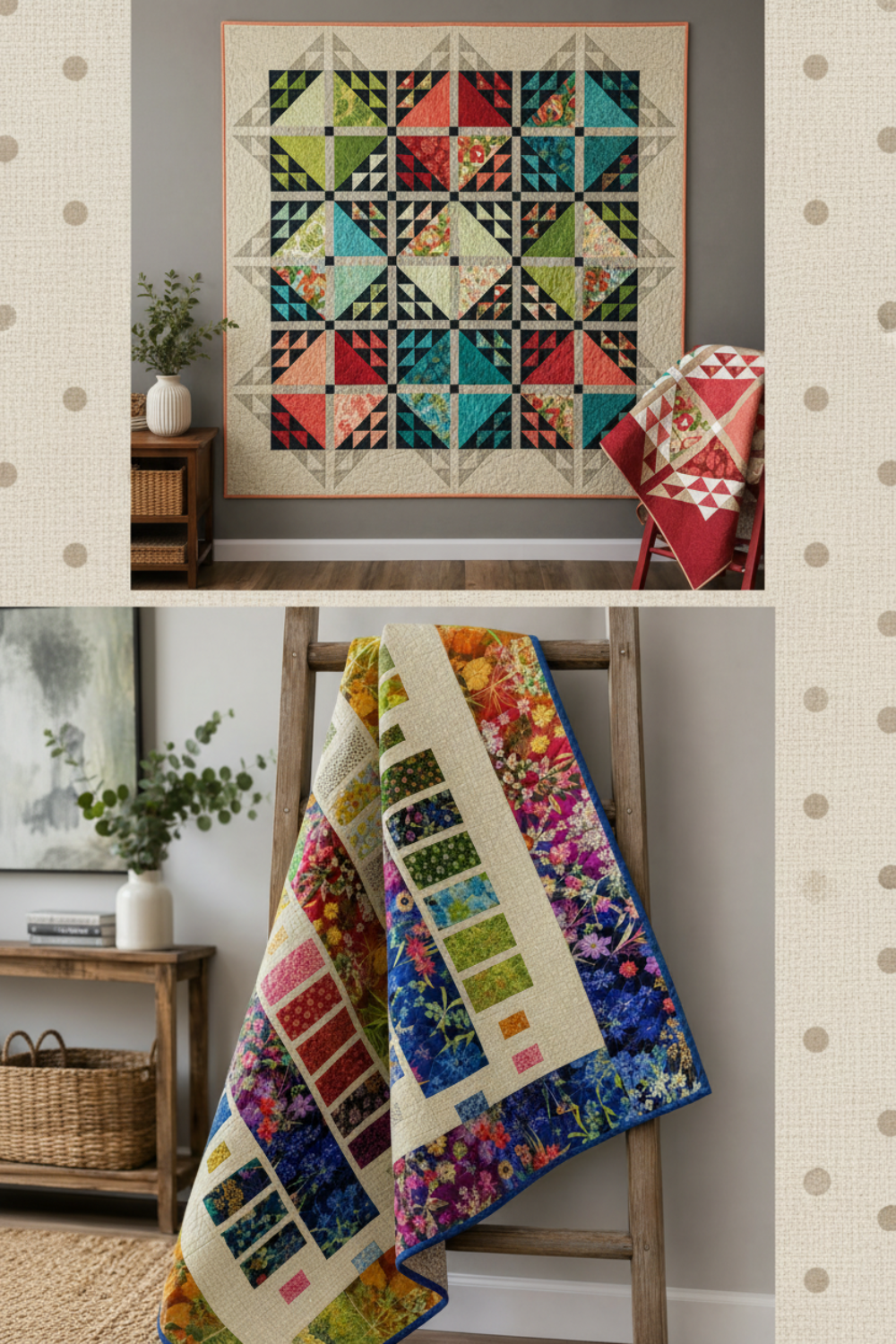 Emilia and Bar Hop quilt patterns by Robin Pickens made with Dotty Thatched Washed Linen cream dot texture blender for Moda Fabrics – low-volume background fabric perfect for colorful quilts – both patterns available at IraRobi Quilts