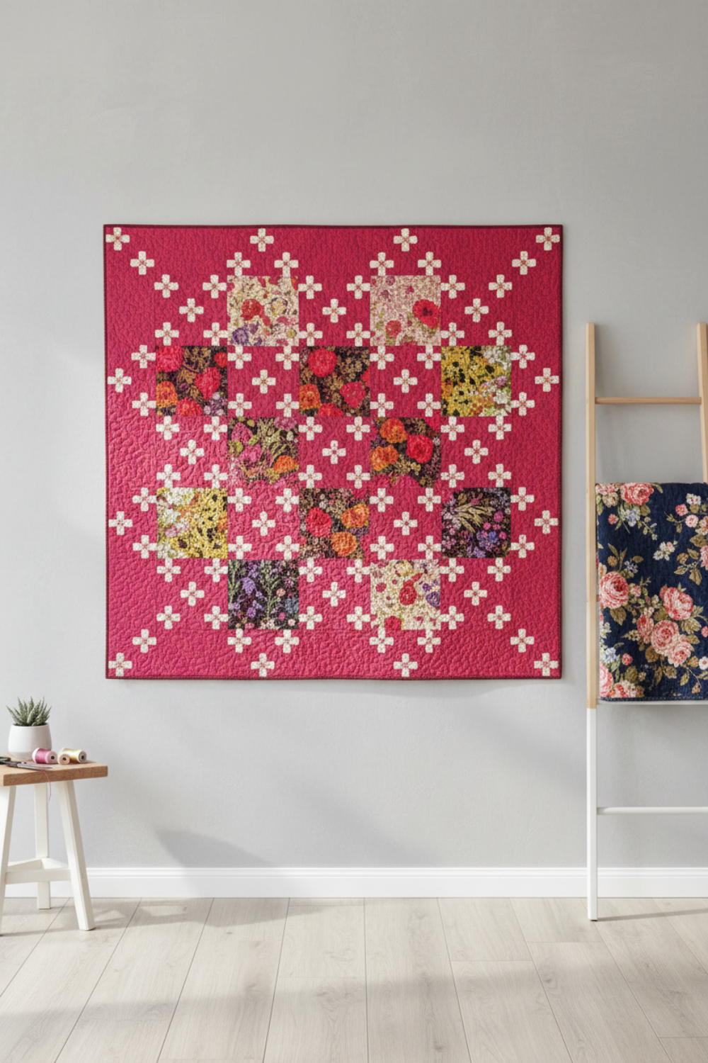 Fiona's Daisy Chain quilt pattern by Robin Pickens made with Thatched Fuchsia fabric by Robin Pickens for Moda Fabrics — vibrant fuchsia-hot pink tonal crosshatch blender with white daisy chain cross blocks. Quilt pattern and coordinating fabrics available at IraRobi Quilts.