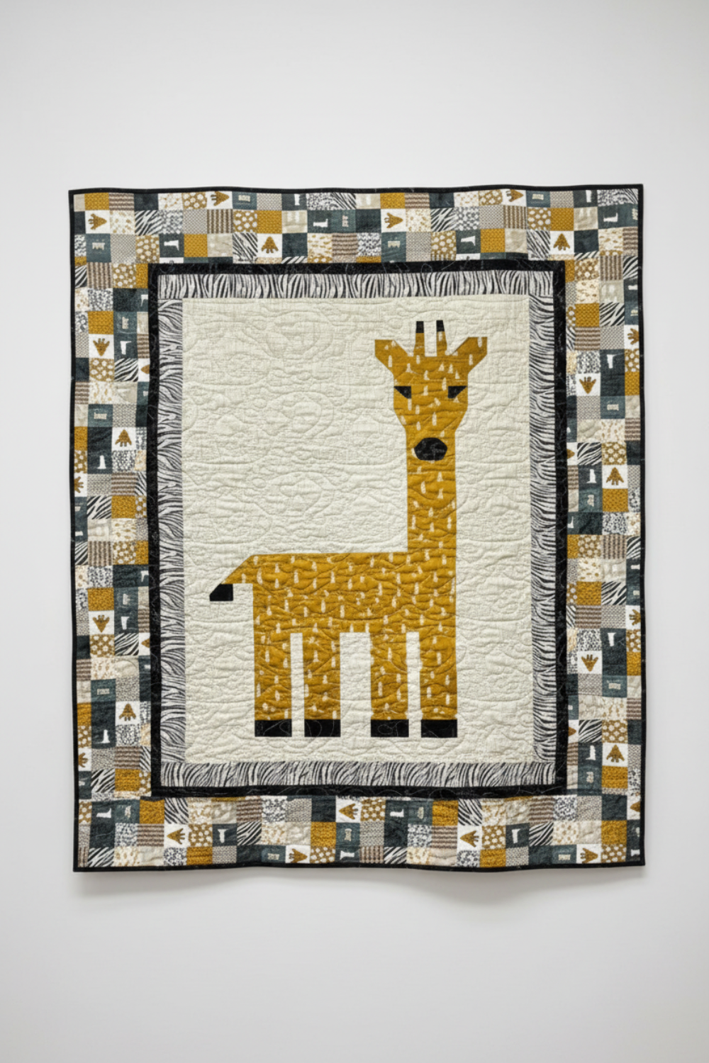 Interwoven Taupe Fabric by Jason Yenter for In The Beginning Fabrics — shown as the featured fabric in the Aiden Quilt Pattern, a pieced giraffe quilt with patchwork border, framed center panel, and black accent borders. Quilts shown for inspiration feature the Aiden Quilt Pattern — available at IraRobi Quilts.