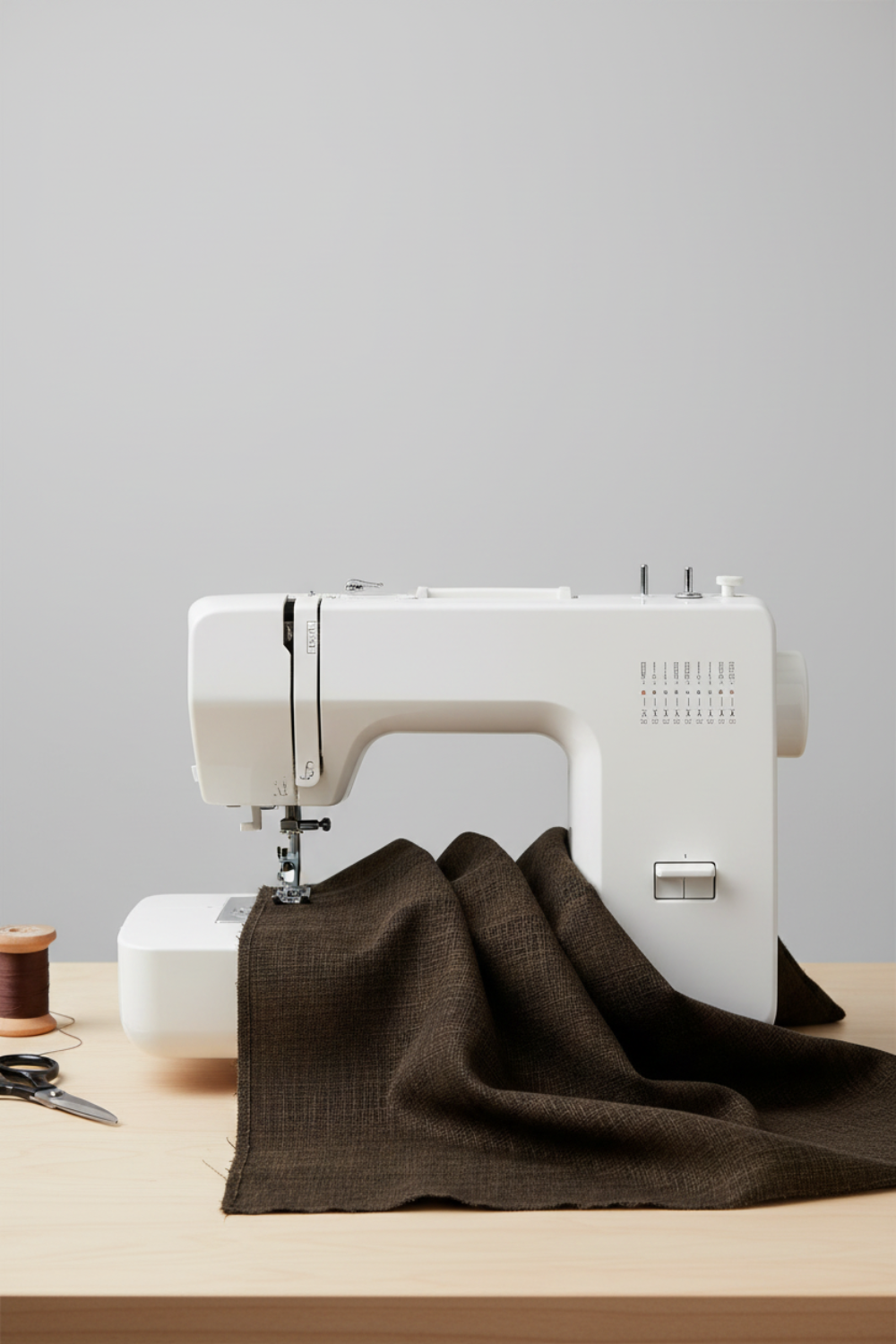 Near-black espresso brown quilting cotton fabric draped over a sewing machine in a clean quilting studio – Interwoven Espresso by Jason Yenter for In The Beginning Fabrics. Shop at IraRobi Quilts | #espressofabric #interwoven #quiltingfabric #darkfabric #modernquilt