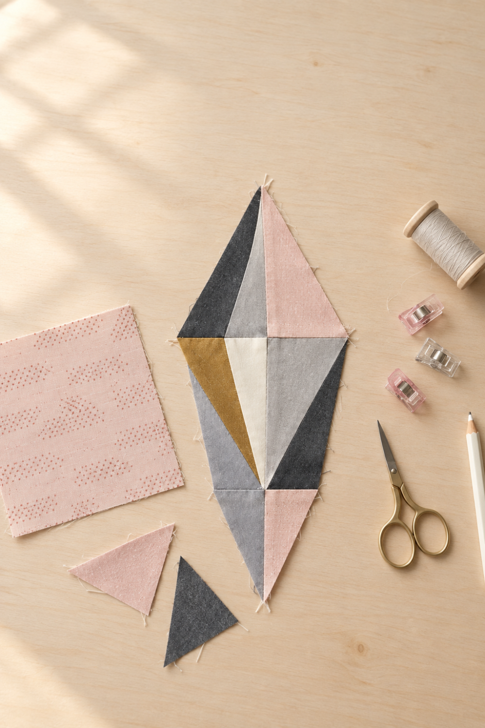 Unfinished Jewels quilt block on a sewing table beside a pale blush Celestial Washi Rose Quartz fabric remnant, thread, scissors, and sewing clips. Quilts shown for inspiration feature the Jewels Quilt Pattern by Zen Chic — all available at IraRobi Quilts.