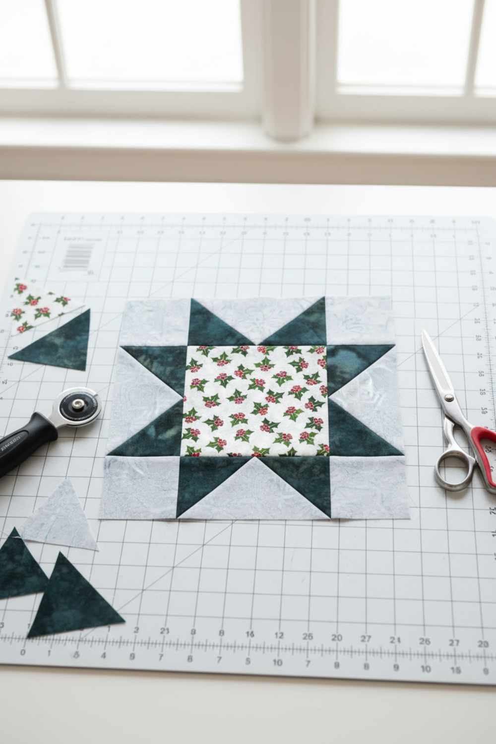 NYSNO New Snow White Holly quilting cotton by Jason Yenter for In The Beginning Fabrics — featured as the center fabric in a vertical work-in-progress A Walk in the Woods quilt block on a white cutting mat in a bright sewing room, with soft blue-gray mottled batik star points and background, loose cut patches, a rotary cutter, and silver scissors. Quilt blocks shown for inspiration feature the A Walk in the Woods Quilt Pattern by Beverly McCullough — available at IraRobi Quilts.