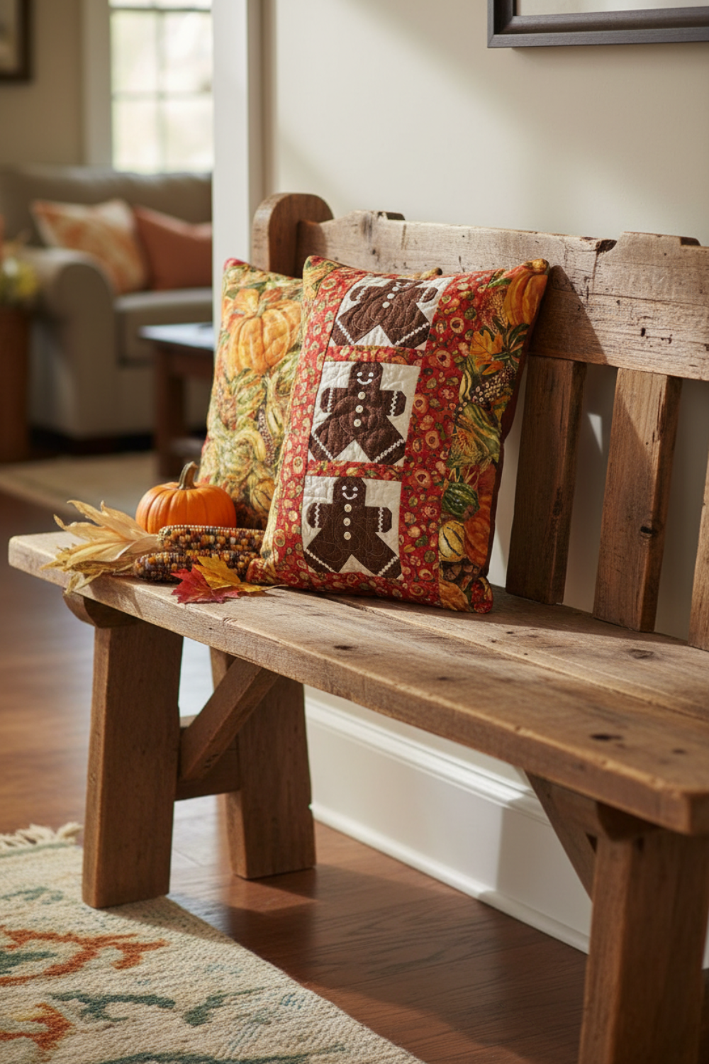 Oh Snap! gingerbread quilt pillow with Autumn Celebration Multi Vegetables harvest border fabric by Jason Yenter for In The Beginning Fabrics — cozy fall home décor on a rustic wood bench with pumpkin and Indian corn. Quilts shown for inspiration feature the Oh Snap! pattern by Jennie Jo Lamb — available at IraRobi Quilts.