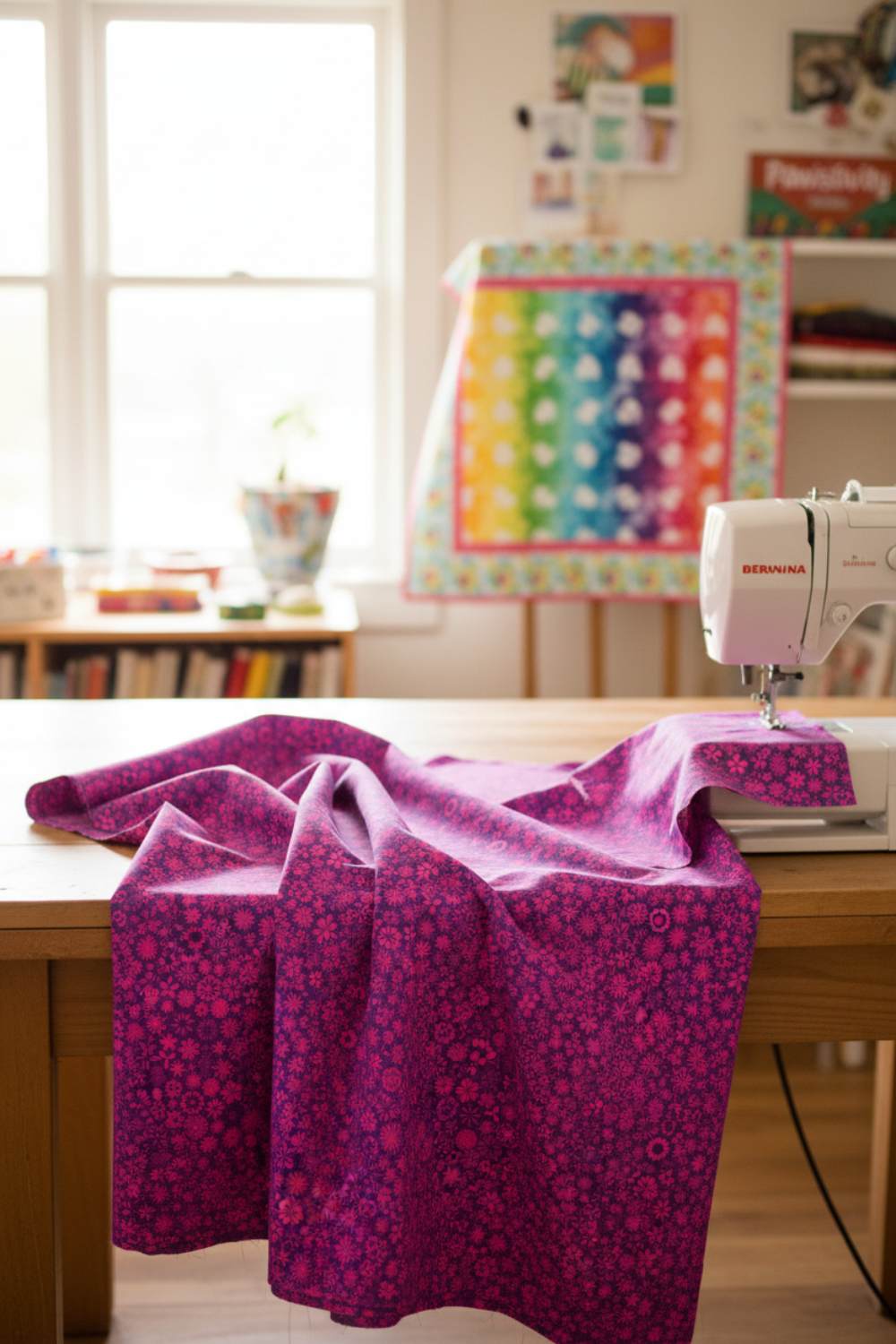 PAWsitivity Purple Field 3 Yard Cut quilting cotton by Jason Yenter for In The Beginning Fabrics — featured as the hero fabric draped in the foreground of a bright natural-light quilting studio, with a colorful rainbow PAWsitivity half-square triangle quilt and Bernina sewing machine softly visible behind. Quilts shown for inspiration feature the ModCat Quilt Pattern by Colourwerx — available at IraRobi Quilts.