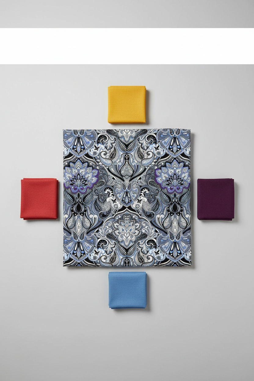 Fabric coordination flat lay featuring What If Prima Donna Grey/Blue damask with Interwoven Yellow, Tomato, Plum, and Periwinkle quilting cottons