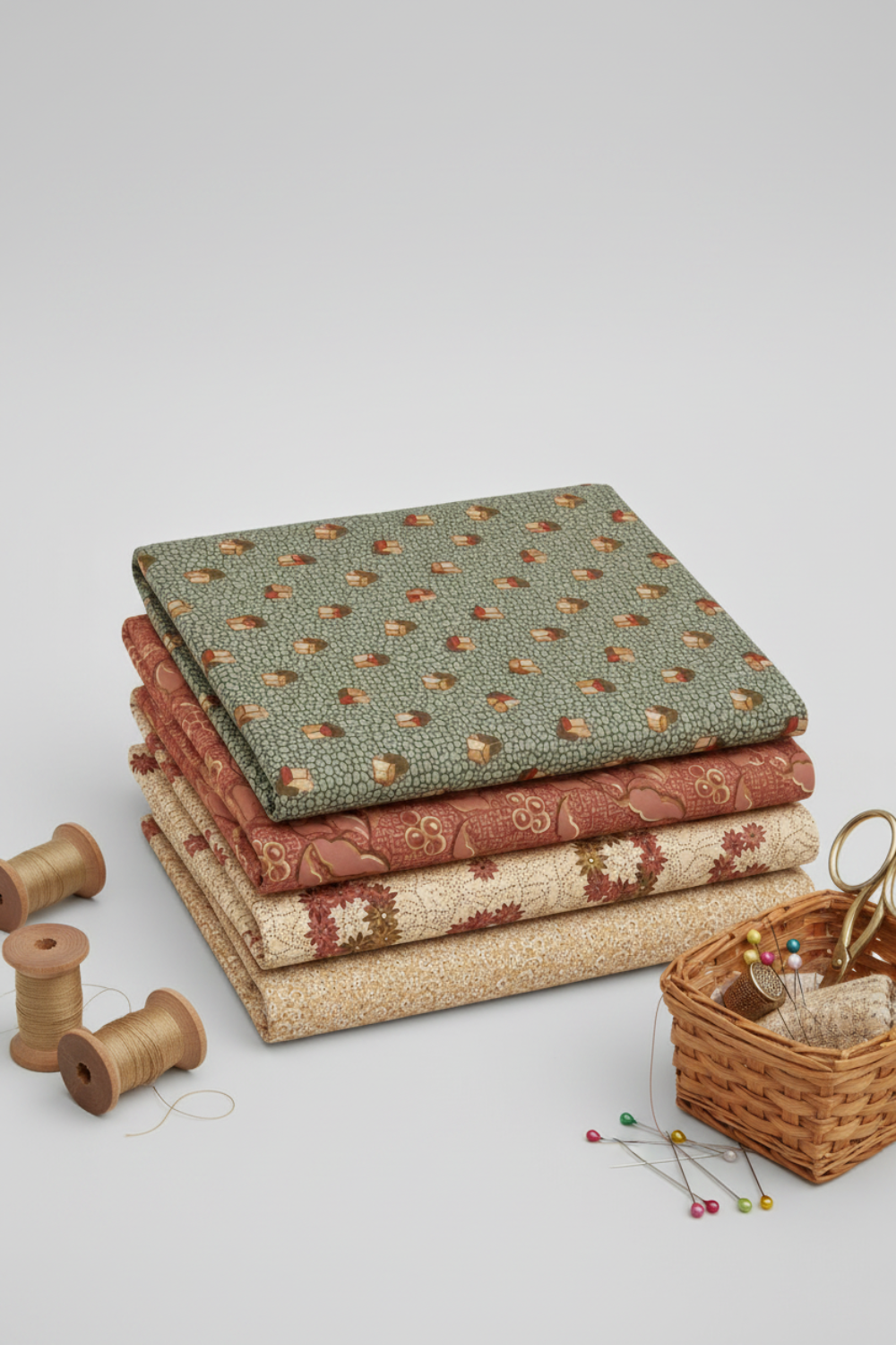 Coordinating quilting cottons from The Fox Homestead collection by Stacy West for Henry Glass — stacked folds of slate blue-green tumbling cubes, dusty rose leaf-and-berry sprigs, cream daisy clusters, and cream paisley swirl, styled with thread spools and quilting notions, 100% cotton 43–44" wide