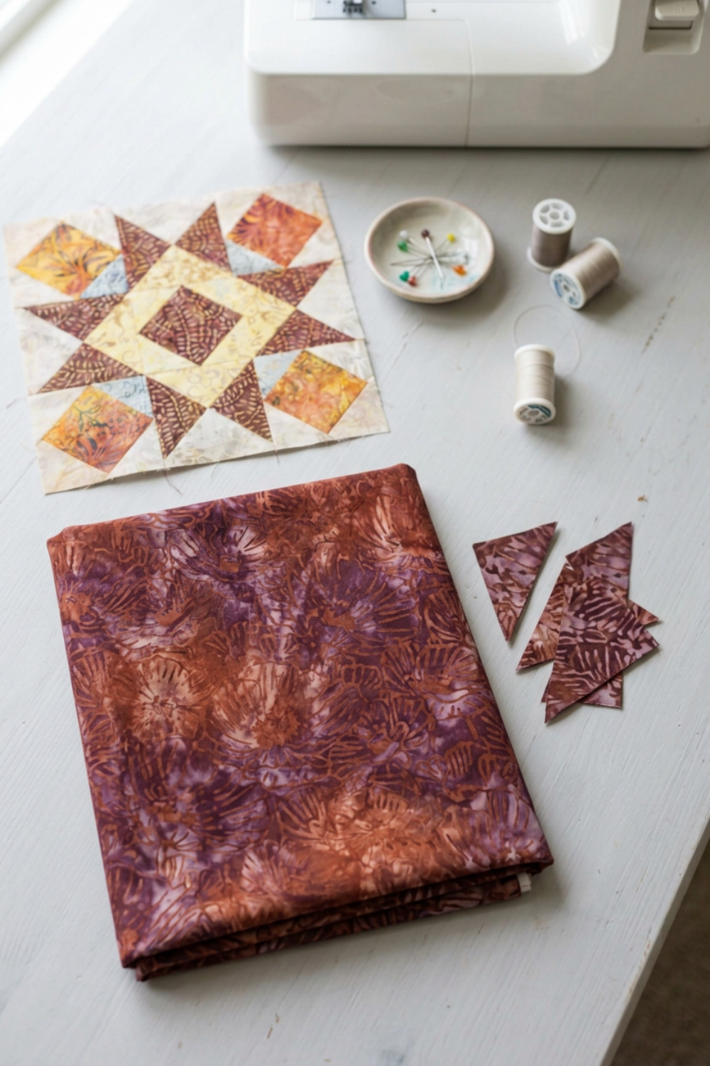Unfinished star quilt block in cream, gold, brown, and pale blue beside folded Poppy Seeds Raisin fabric, remnants, pins, thread spools, and a sewing machine. Quilt blocks shown for inspiration. Coordinating fabrics and quilt patterns are available at IraRobi Quilts.