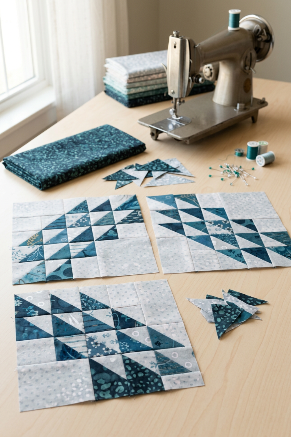 Three unfinished ocean-wave quilt blocks in assorted teal and pale fabrics on a sunlit sewing table with folded Terrazzo Smoky Teal batik, fabric scraps, pins, thread, and a sewing machine. Quilts shown for inspiration feature the Kelley Quilt Pattern by Edyta Sitar of Laundry Basket Quilts, available at IraRobi Quilts.