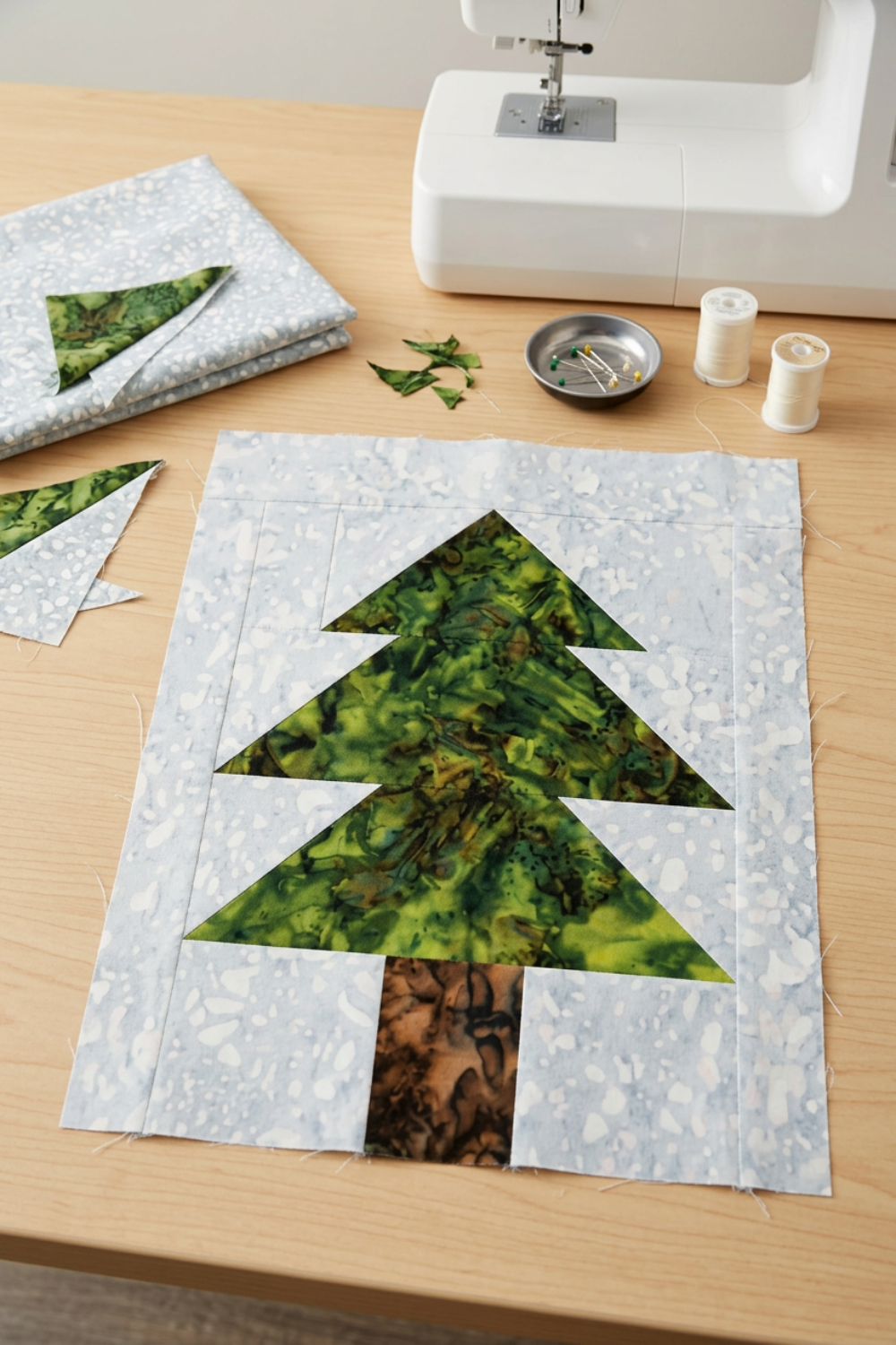 Unfinished green patchwork tree block with a Powdered Pearl print background lying flat on a wooden sewing table beside fabric remnants, pins, thread, and a sewing machine. Quilt blocks shown for inspiration. Coordinating fabrics and quilt patterns are available at IraRobi Quilts.