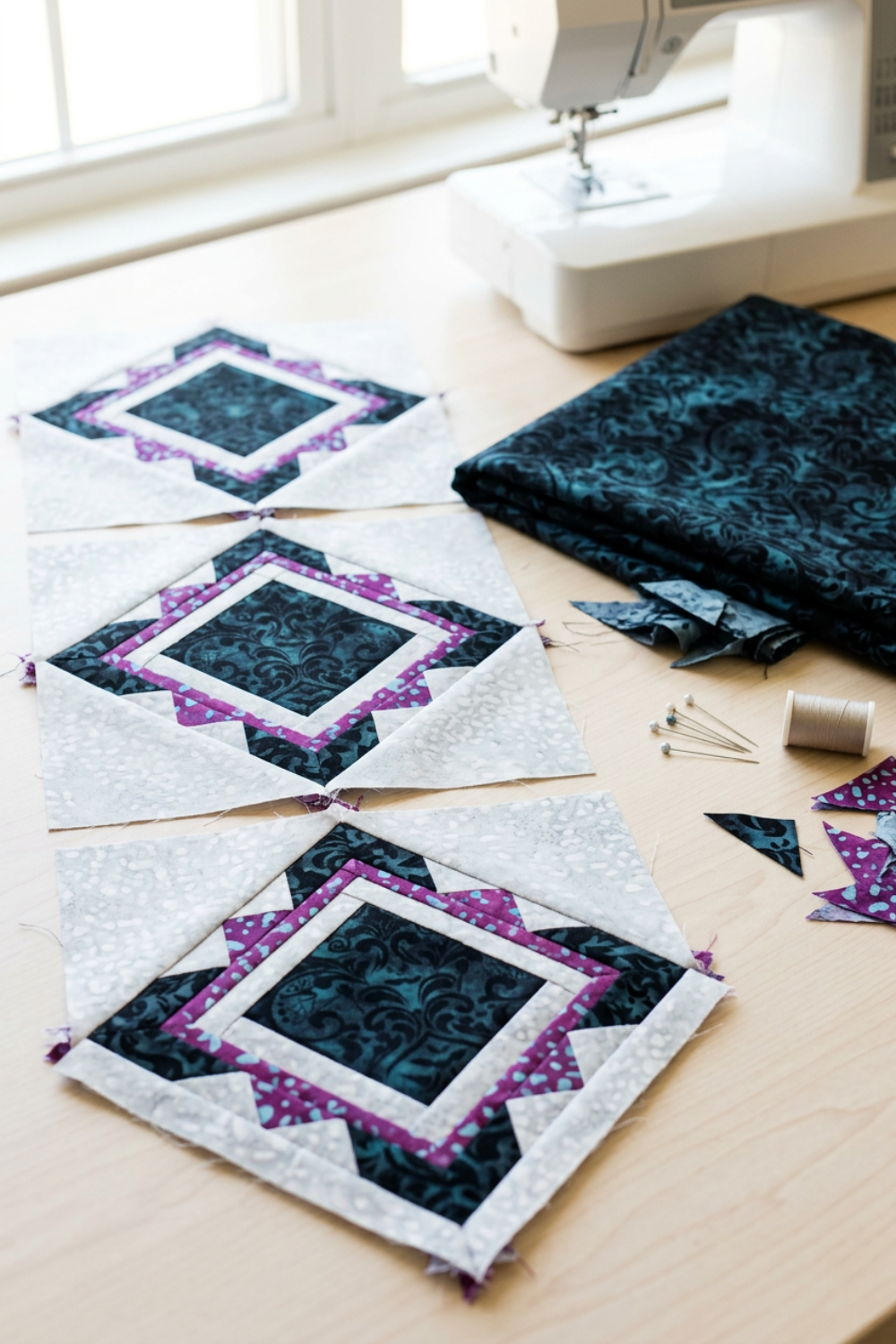 Three unfinished quilt blocks with Raven scrollwork centers, purple speckled accents, and pale surrounds on a sewing table beside folded Raven fabric, scraps, pins, thread, and a sewing machine. Quilts shown for inspiration feature the Quartzite Quilt Pattern by Bear Hug Quiltworks, available at IraRobi Quilts.