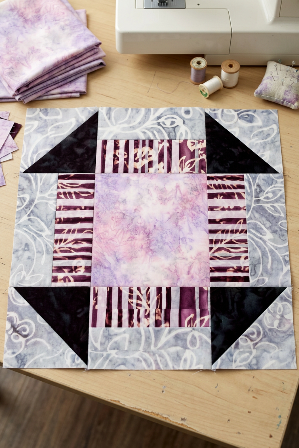 Quilt block with a Lilac Lustre center, plum striped bars, dark corner triangles, and gray botanical framing beside folded fabric, thread, pins, and a sewing machine. Quilt blocks shown for inspiration. Coordinating fabrics and quilt patterns are available at IraRobi Quilts.