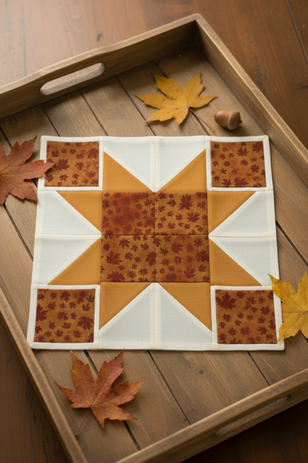 Autumn Celebration Brown Maple Leaves fabric by Jason Yenter for In The Beginning Fabrics featured as the center square and corner squares in a fall star quilt block — tossed dark burgundy maple leaf silhouettes on mottled amber and rust ground, with golden amber star points on cream background. Displayed on a rustic wood tray with scattered autumn maple leaves. Quilts shown for inspiration. Coordinating fabrics and quilt patterns available at IraRobi Quilts.